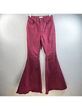 Boho Flare Jean Size 30x34 Tall Burgundy Red Denim High Rise Western Bell Bottom